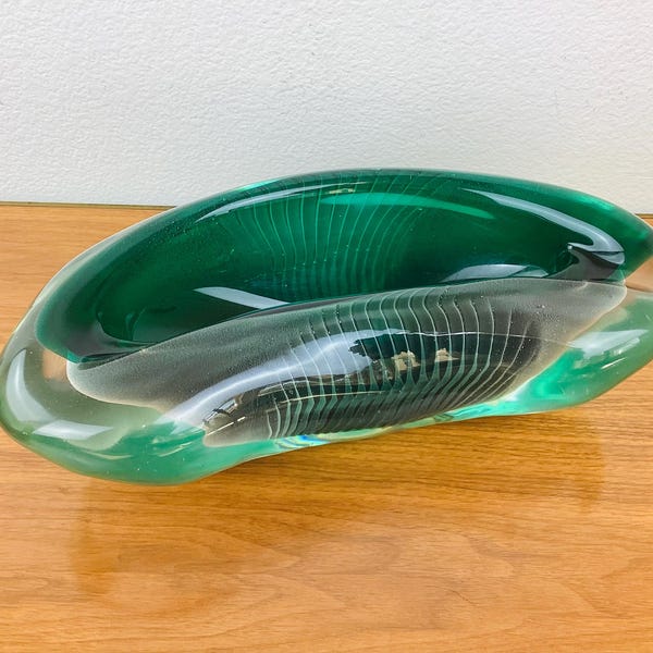 Vintage 1930s ALFREDO BARBINI Green MURANO Glass Freeform Sculpture Bowl