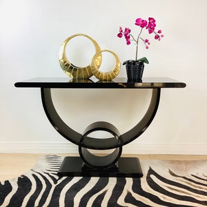 Vintage 1980s ART DECO STYLE Black Lacquered Console Table ~ 1 of 2