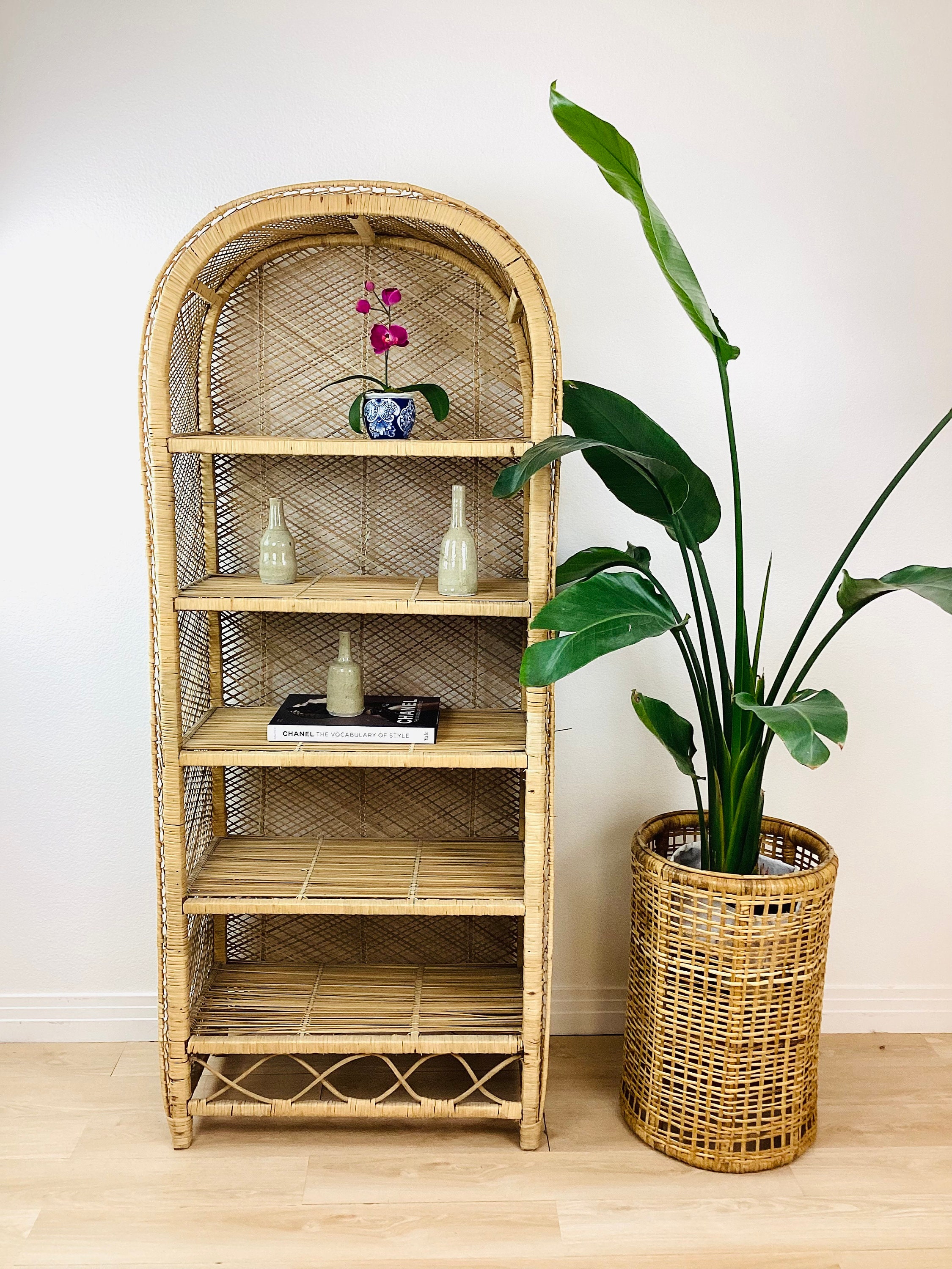 Vintage 1970s WOVEN RATTAN WICKER Tall Boho Chic Peacock Style Etagere Shelf