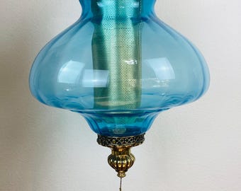 Vintage 1960s MID CENTURY BLUE Glass & Brass Hanging Swag Lamp