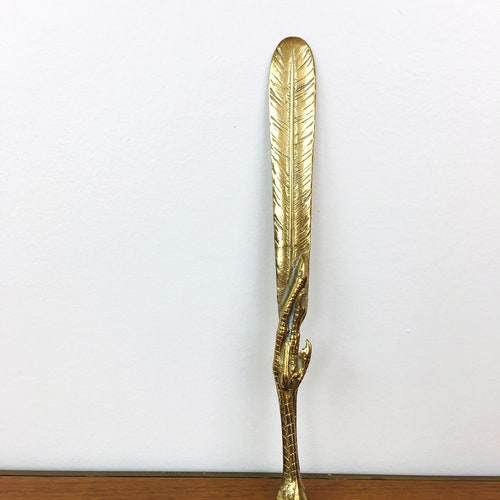 Vintage 1970s 1980s shops BRASS FEATHER & Foot LETTER Opener Boho Chic / Bohemian Style