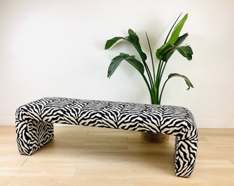 Vintage 1980s HOLLYWOOD REGENCY Black & White ZEBRA Print Waterfall Bench