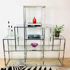 Milo Baughman Style DIA Mid Century Chrome and Smoked Glass Etagere, Mid  Century Modern Furniture