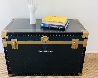 Vintage 1950s BLACK & BRASS Cedar Lined Trunk / Storage Trunk / Coffee Table