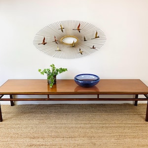 Vintage 1960s DANISH MODERN Style LONG Wood Brass Trim Coffee Table / Mid Century Modern