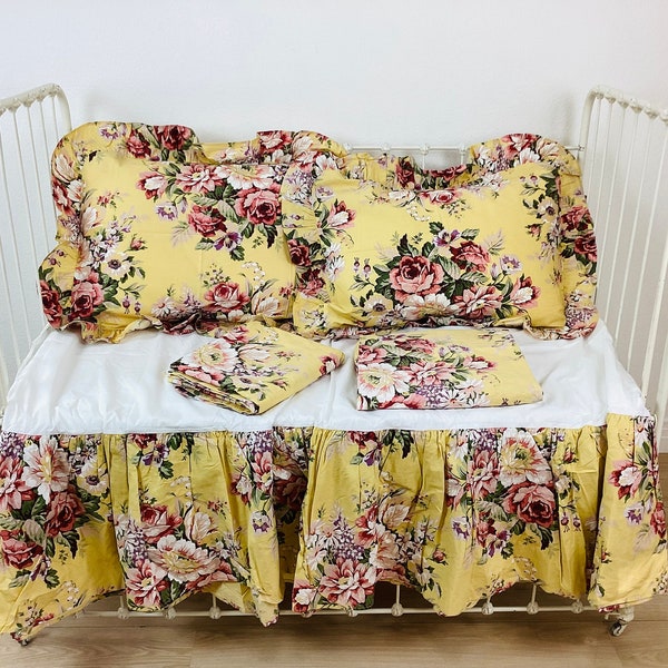 Vintage RALPH LAUREN Yellow BROOKE Floral Sheets & Bedding Set / Bed Skirt / Pillow Shams / Full Size