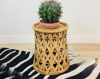 Vintage 1970s WOVEN RATTAN / WICKER Peacock Chair Drum Table / Stool / Plant Stand / Boho Chic Style