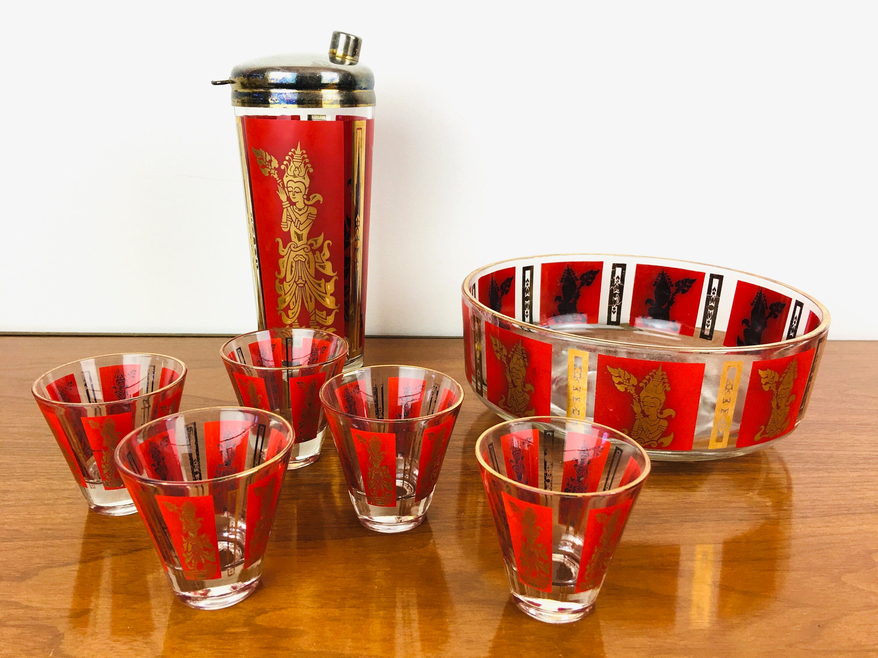 Vintage 1960s RED & GOLD THAILAND / Siam 7 Pc Cocktail Shot - Etsy