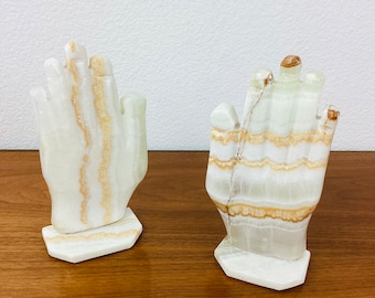 Vintage CARVED WHITE ONYX Stone Hand Pair of Bookends