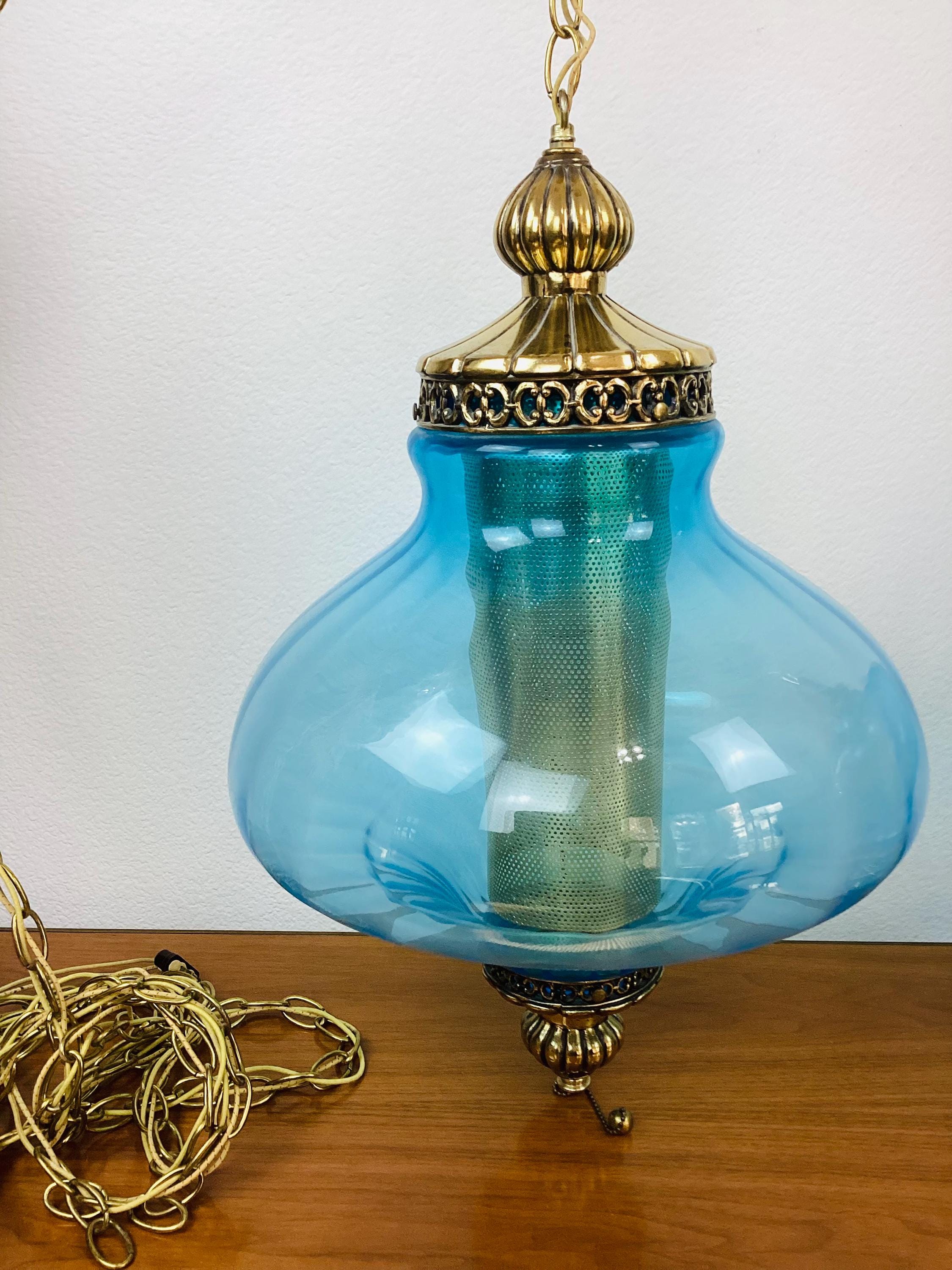 Vintage 1960s MID CENTURY BLUE Glass & Brass Hanging Swag Lamp