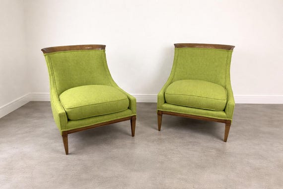 Vintage 1960s MID CENTURY MODERN Pair of Chartreuse Green Newly Upholstered Slipper Chairs by Drexel / Wormley / Dunbar Style