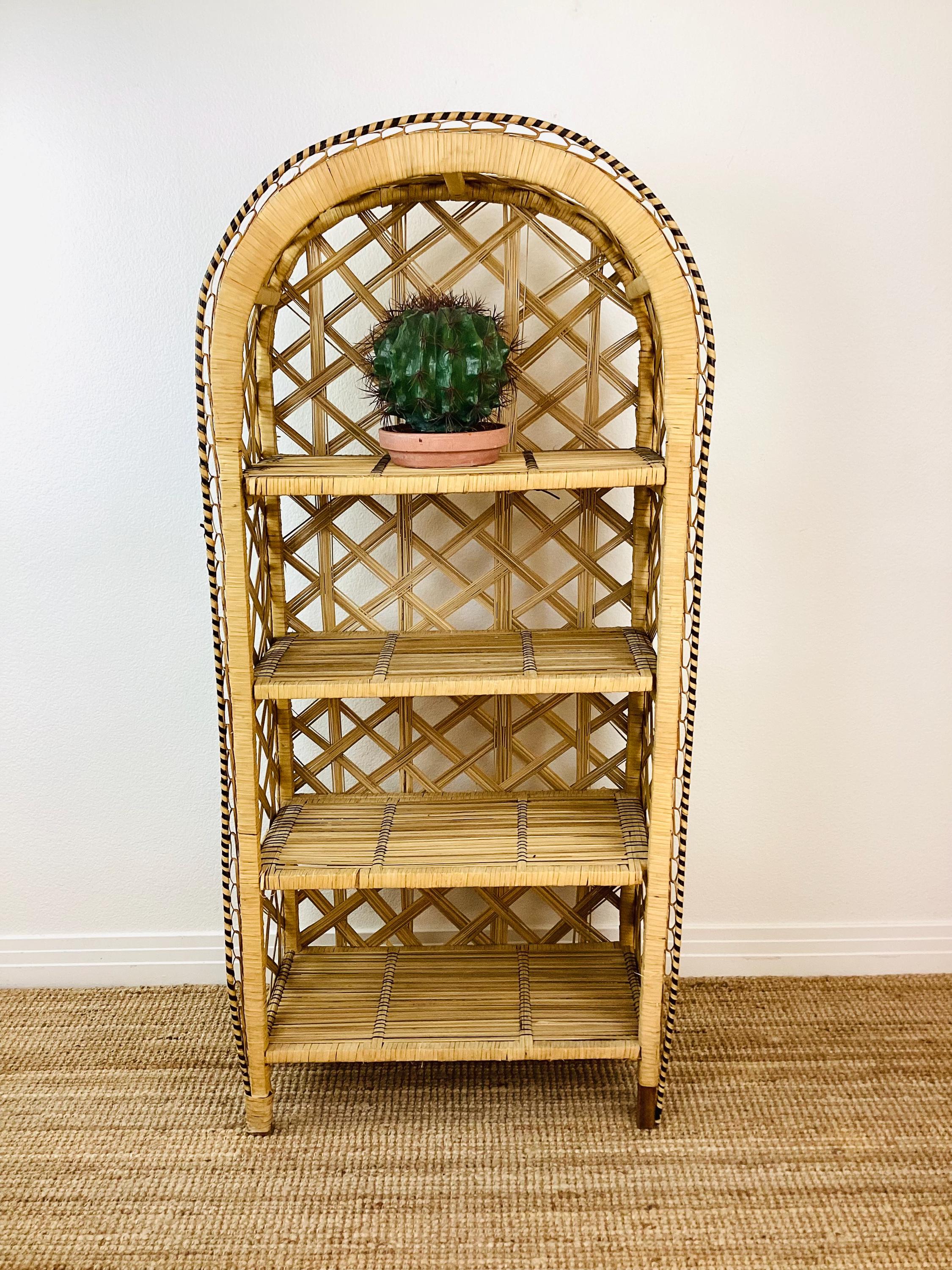 Vintage 1970s WOVEN RATTAN WICKER Etagere Shelf Bookcase / Boho