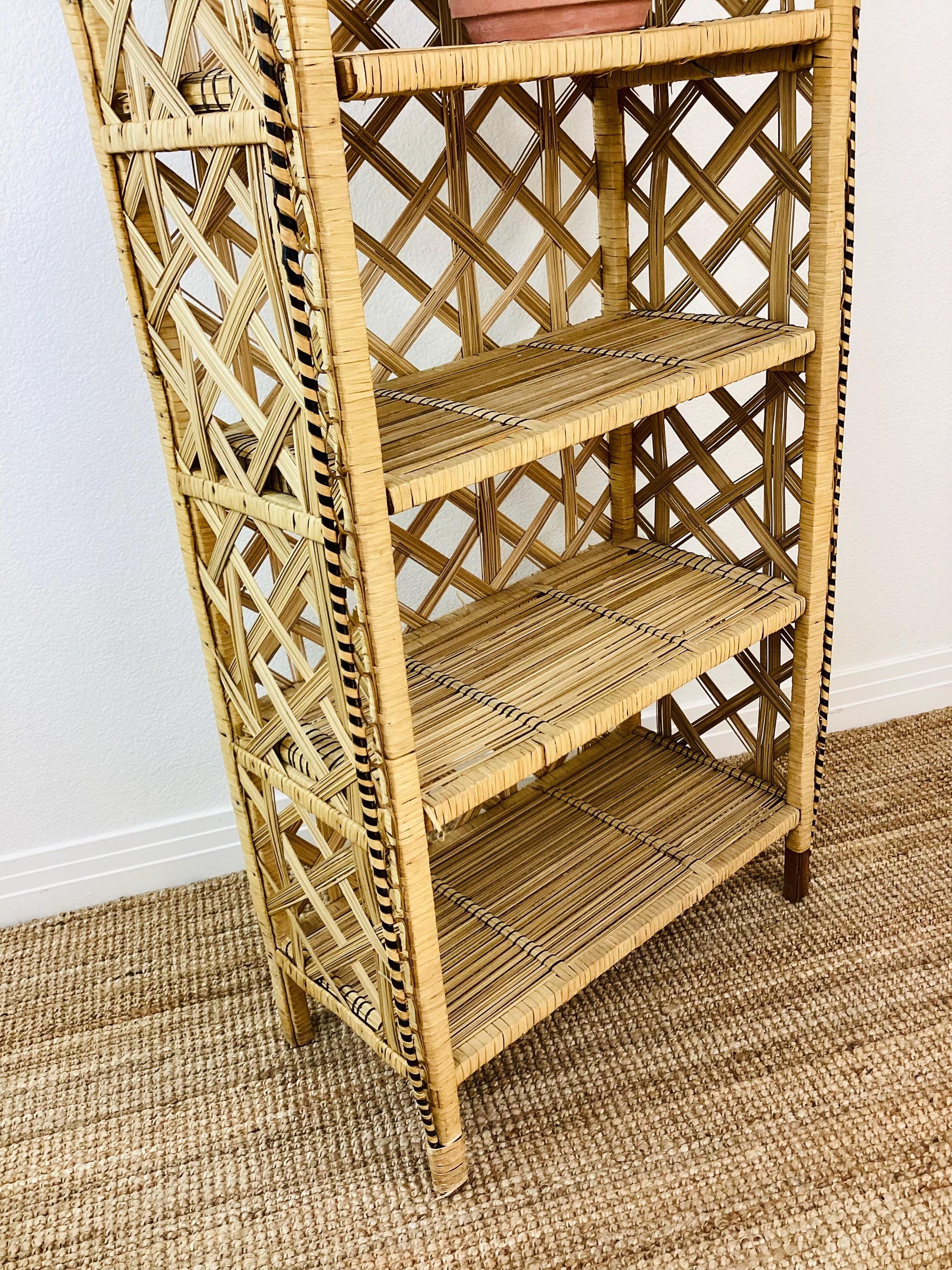 Vintage 1970s WOVEN RATTAN WICKER Etagere Shelf Bookcase / Boho