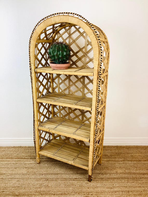 Vintage 1970s WOVEN RATTAN WICKER Etagere Shelf Bookcase / Boho