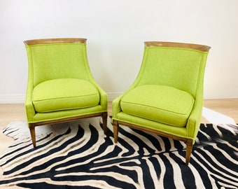 Vintage 1960s MID CENTURY MODERN Pair of Chartreuse Green Newly Upholstered Slipper Chairs by Drexel / Wormley / Dunbar Style