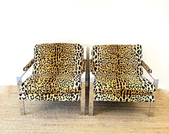 Vintage 1970s Pair of CY MANN Chrome LEOPARD Print Lounge Chairs / Mid Century Modern