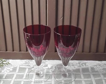 Vintage Ruby Red Water Wine Goblet Glasses set of 2