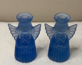 Vintage Swedish Frosted Blue Glass Gunner Ander Angel Mini Candle Holders