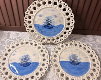 Vintage Hand Painted Reticulated Blue and White Clipper Ship Plates Set of 3