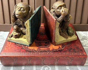 Vintage No Evil Monkey Bookends Hear No Evil Speak No Evil Set of 2