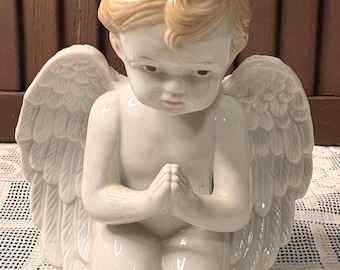 Vintage Kneeling Praying Angel with Pink Floral Wreath