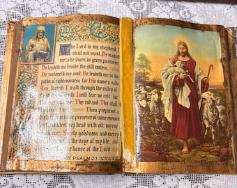 Vintage Religious Fake Decoupage Open Bible King James Version of Psalm 23