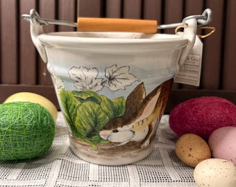 Vintage Maxcera Bunny Cabbage Ceramic Bucket with Wooden and Metal Handle New with Tag
