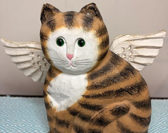 James Haddon Folk Art Wood Carved Striped Lounging Cat Figurine