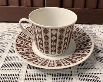 Vintage Porsgrund Cup And Saucer  1960s-70s Mid-Century Modern pattern with Brown & White