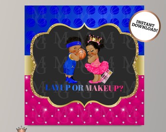 Layup or Makeup Gender Reveal Backdrop: Royal Blue, Pink, Gold (Digital File)
