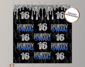 Dripping Swag 16th Birthday Backdrop: Royal Blue & Silver (Digital File)
