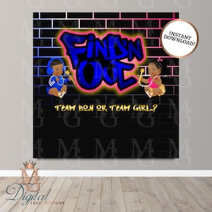 Find 'N Out Gender Reveal-achtergrond! Baby's! Direct downloaden! Genderonthulling hiphop! Feestachtergrond! Digitaal bestand!