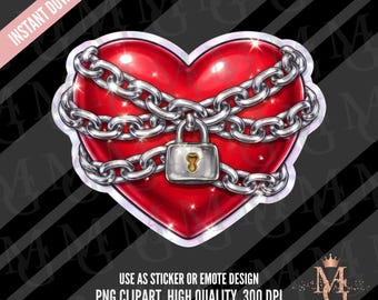 Chained Heart Clipart, PNG, Heart Sticker Design. Emote. Transparent Background (Digital Download)