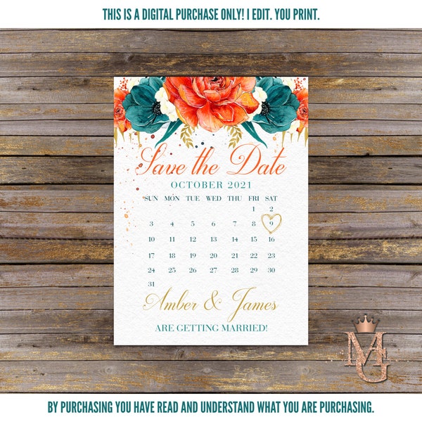 Orange and Teal Wedding Save the Date! Fall Save the Date! Wedding Invitation!