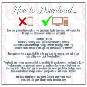 K&ouml;nnte beinhalten: Grafik mit dem Text "How to Download..." und Anweisungen zum Herunterladen digitaler K&auml;ufe von Etsy. Enth&auml;lt Symbole eines Telefons mit einem X, einem H&auml;kchen und einem Computer.