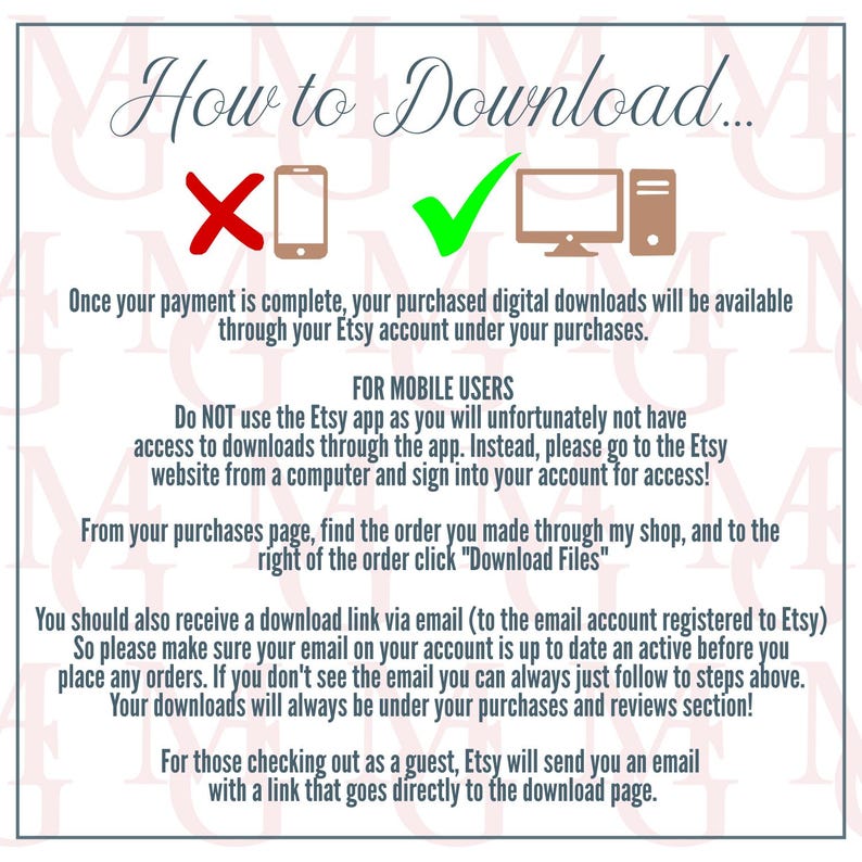 K&ouml;nnte beinhalten: Grafik mit dem Text "How to Download..." und Anweisungen zum Herunterladen digitaler K&auml;ufe von Etsy. Enth&auml;lt Symbole eines Telefons mit einem X, einem H&auml;kchen und einem Computer.