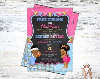Free Throws or Pink Bows Gender Reveal Invitation! Light Blue and Hot Pink!