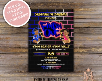 Find &#39;N Out Gender Reveal Invitation! Hip Hop Gender Reveal! Hot Pink, Royal Blue and Gold!