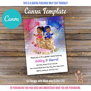 Beauty or Beats Gender Reveal Invitation! Edit Yourself! Canva Template! Canva Invitation! Royal Blue, Hot Pink and Gold!