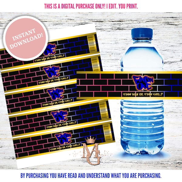 Find 'N Out Water Bottle Label! Hip Hop Gender Reveal! Hot Pink, Royal Blue and Gold!
