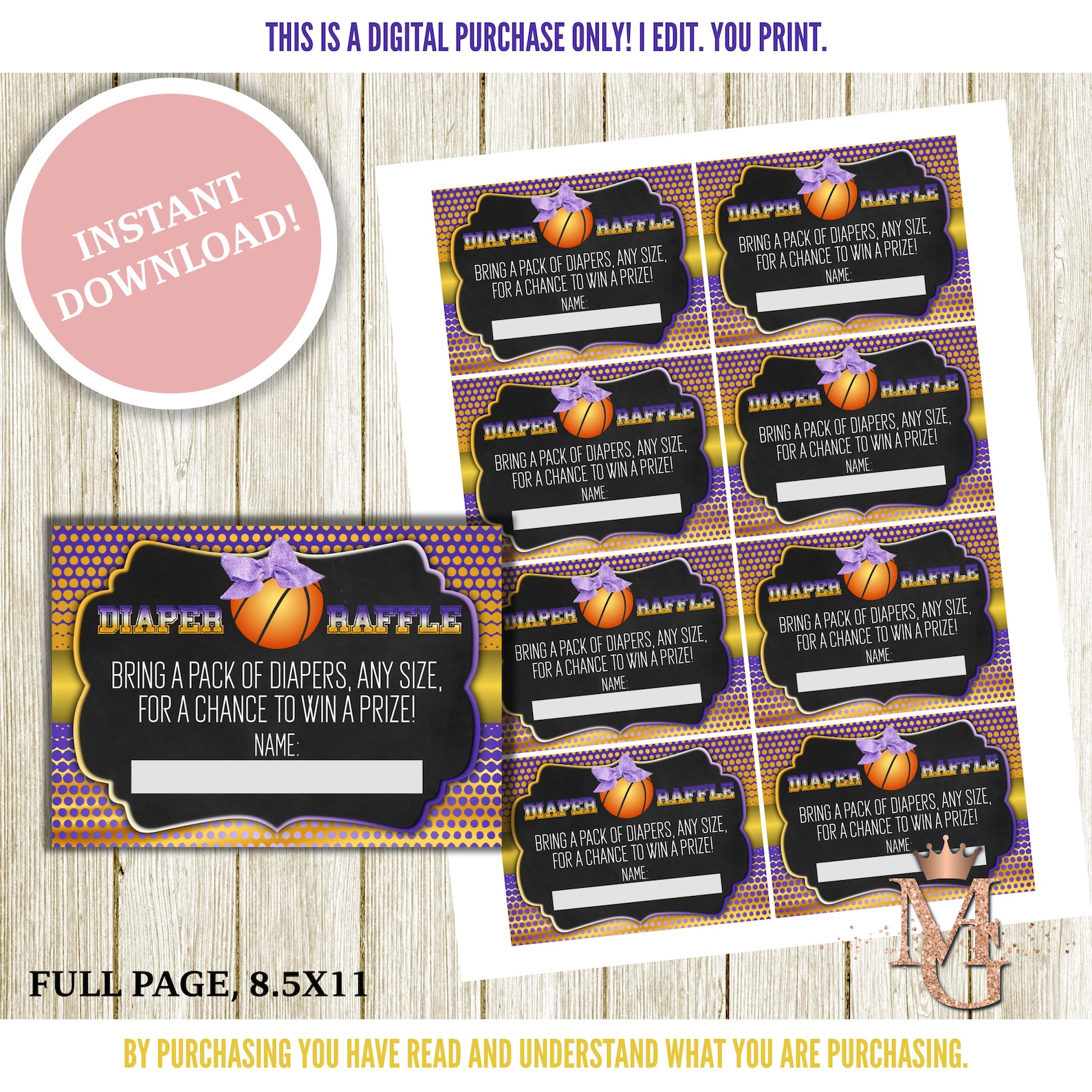 Free Throws Or Purple Bows Gender Reveal Diaper Raffle Gold Etsy