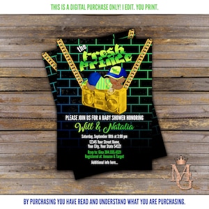 Fresh Prince Baby Shower Invitation! Hip Hop Baby Shower! 90&#39;s! Green, Blue and Gold.