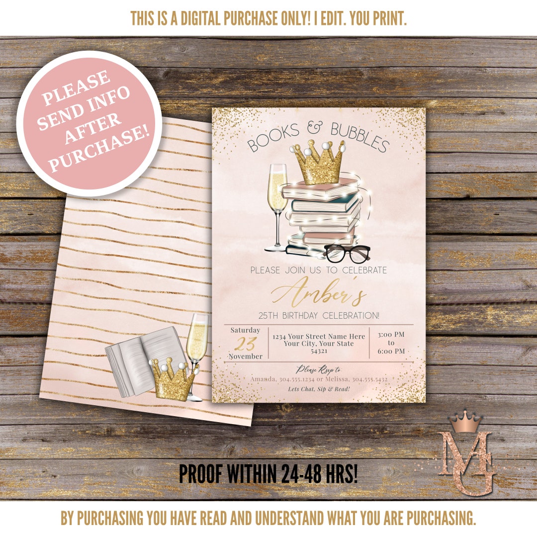 Reading Event Invite Books and Bubbles Birthday Invitation: Reading Party (digital ...