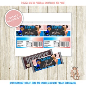 May include: Printable gender reveal party favor labels featuring a basketball and makeup design. The labels are designed to be placed on Hershey's chocolate bars. The text on the labels reads "Layup or Makeup?"