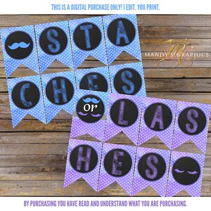 Staches or Lashes Gender Reveal Printable Banner! Blue and Purple!