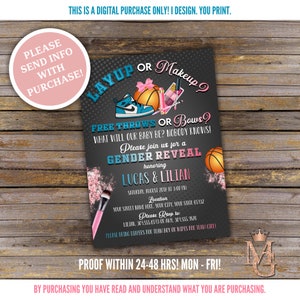 Layup or Makeup Gender Reveal Invitation! Free Throws or Bows! Teal Blue and Pink! Sneakers and Makeup! Digital Invitation!