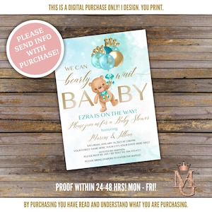 Teddy Bear Baby Shower Invitation! Bearly Wait Invitation! Bear Baby Shower! Turquoise Blue and Gold!