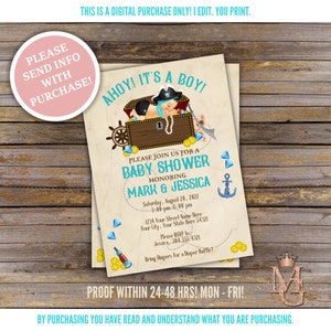 Piraat baby shower uitnodiging! Baby piraat! Aquablauw en bruin! Jongens babyshower! Schat babyshower!