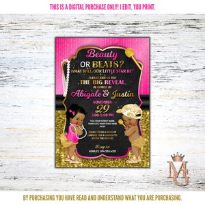 Hip Hop Gender Reveal Invitation! Beauty or Beats Gender Reveal! Hot Pink, Black and Gold!