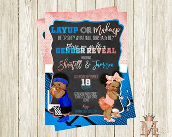 Layup or Makeup Gender Reveal Invitation! Royal Blue and Rose Gold Pink!